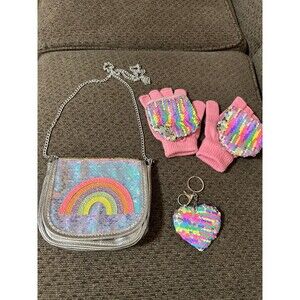 Rainbow sequin purse, gloves and keychain